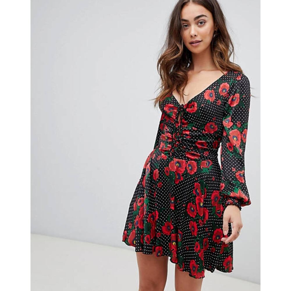 Free People Mini Dress Women's Size 4 Black Red Floral Morning Light Polka‎ Dots